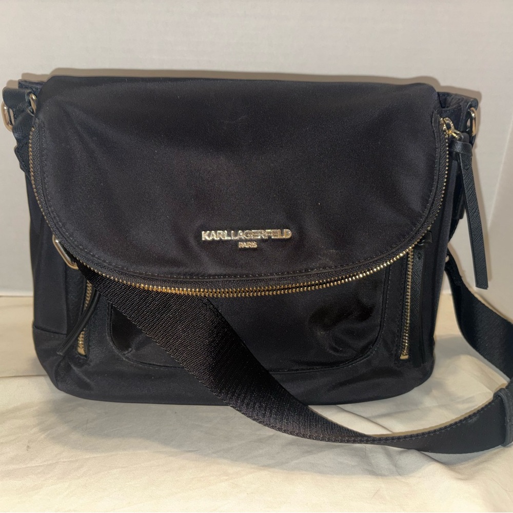 Karl Lagerfeld Paris Black Nylon "Cara" Flap Messenger Adjustable Crossbody Bag